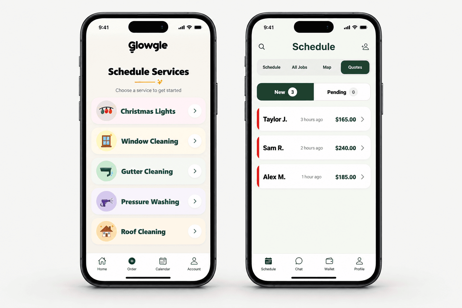 Glowgle service selection displayed on an iPhone