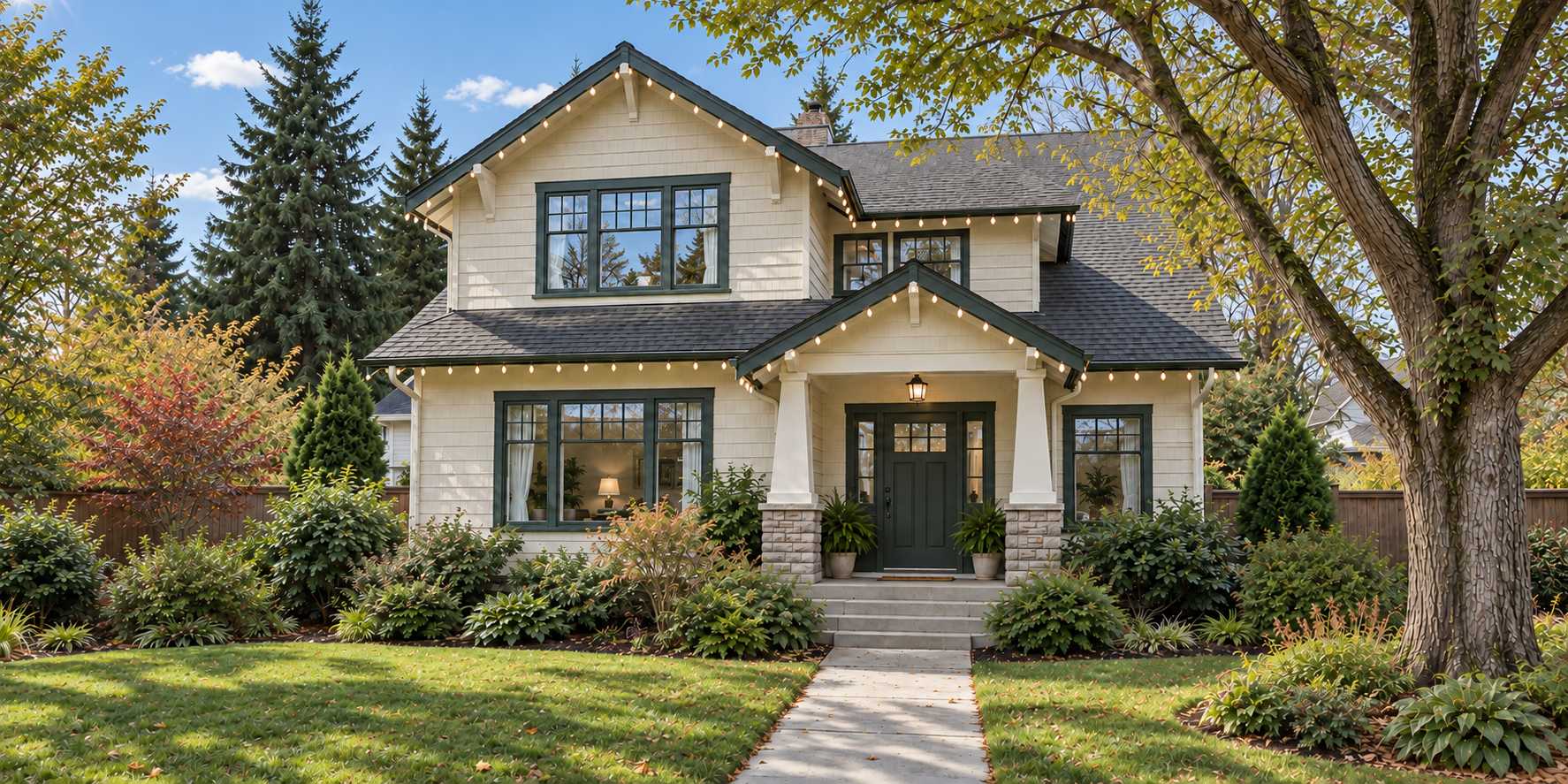 A cream Craftsman home with green trim, clean windows and warm-white roofline lights on a sunny afternoon