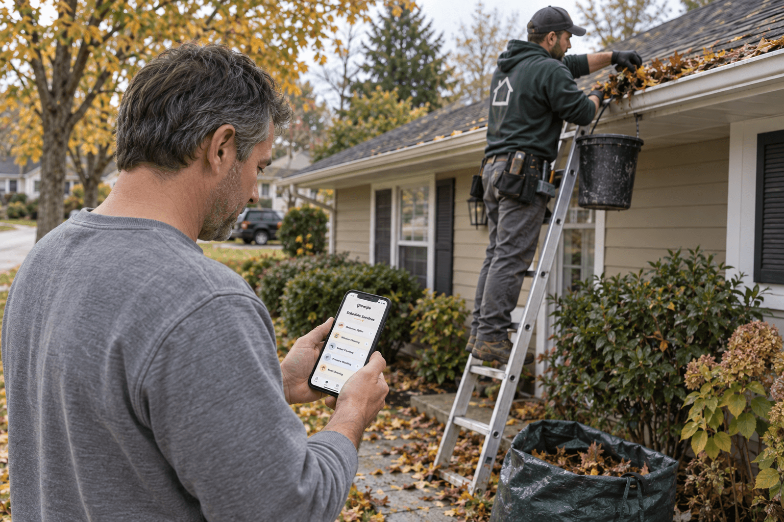 A homeowner uses Glowgle while a technician clears leaves from the gutter