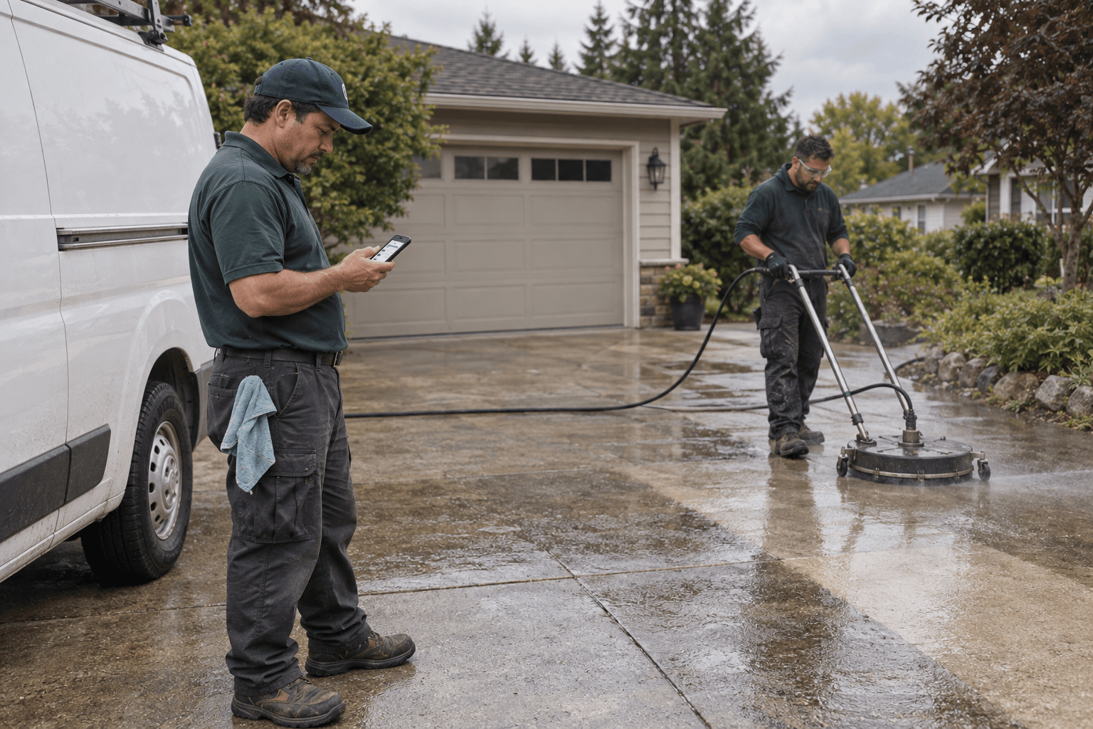 A technician checks the app while his coworker cleans a driveway