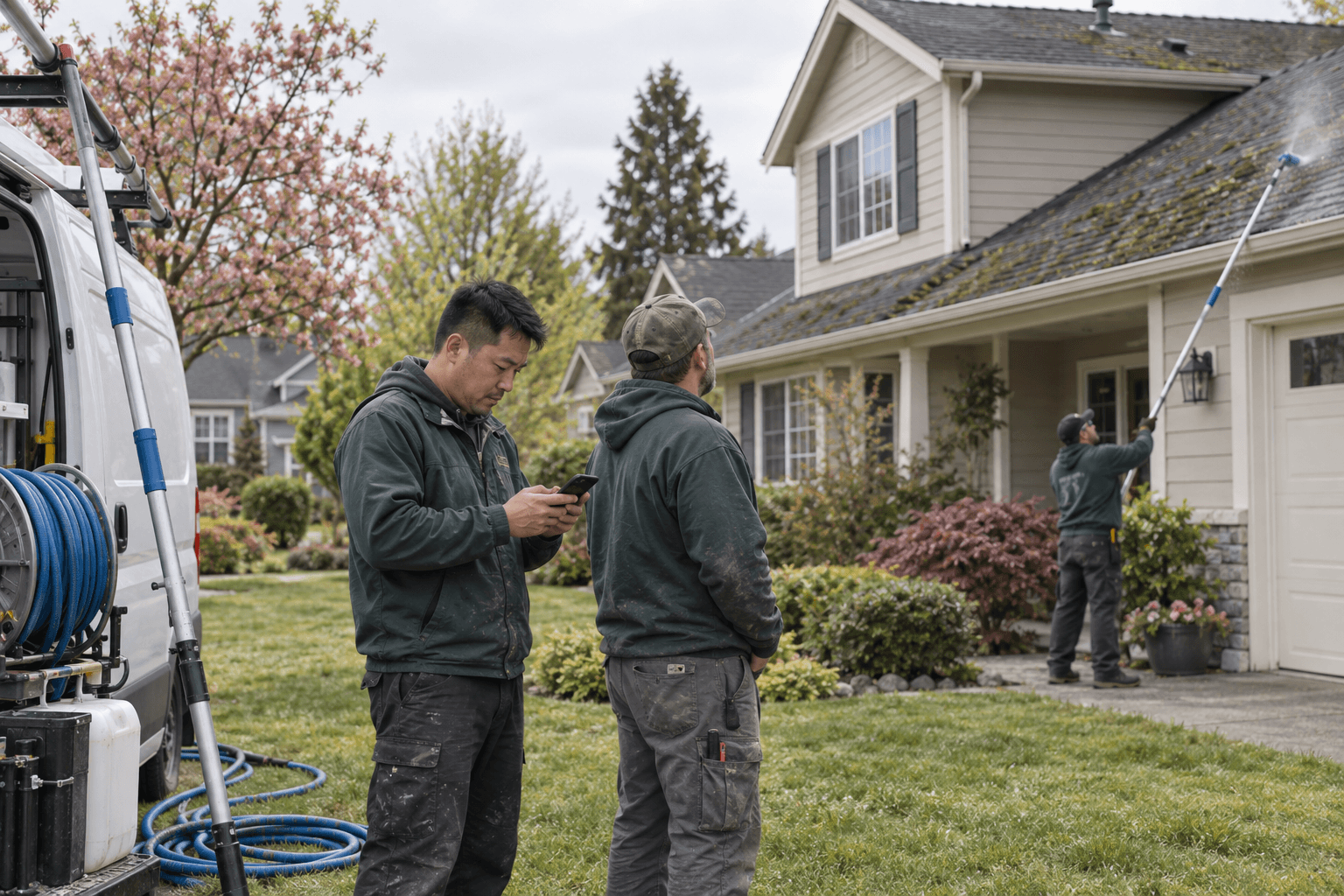 A roof-cleaning crew coordinates the work with the technician app