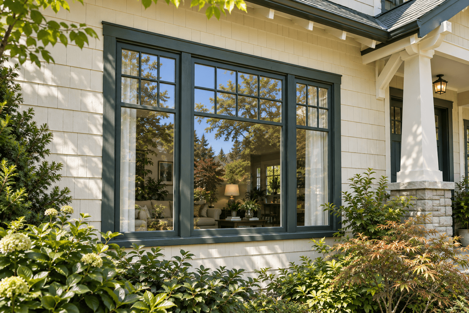 Clean green-framed windows reflecting a sunny garden