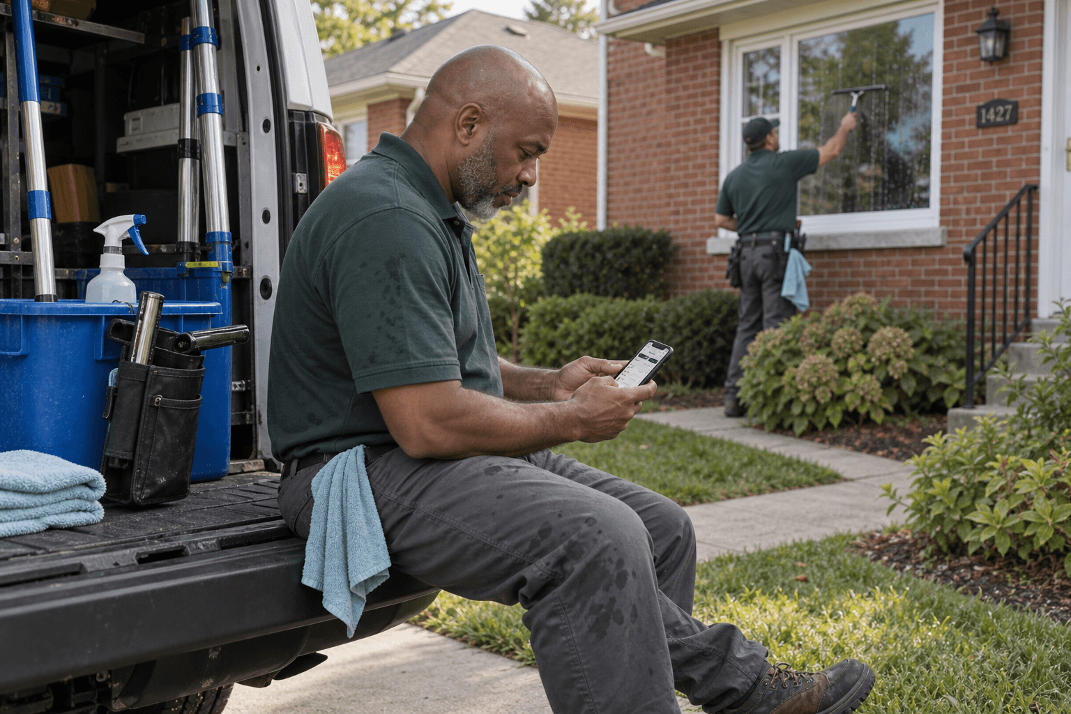A window-cleaning technician checks Glowgle while a coworker cleans the glass